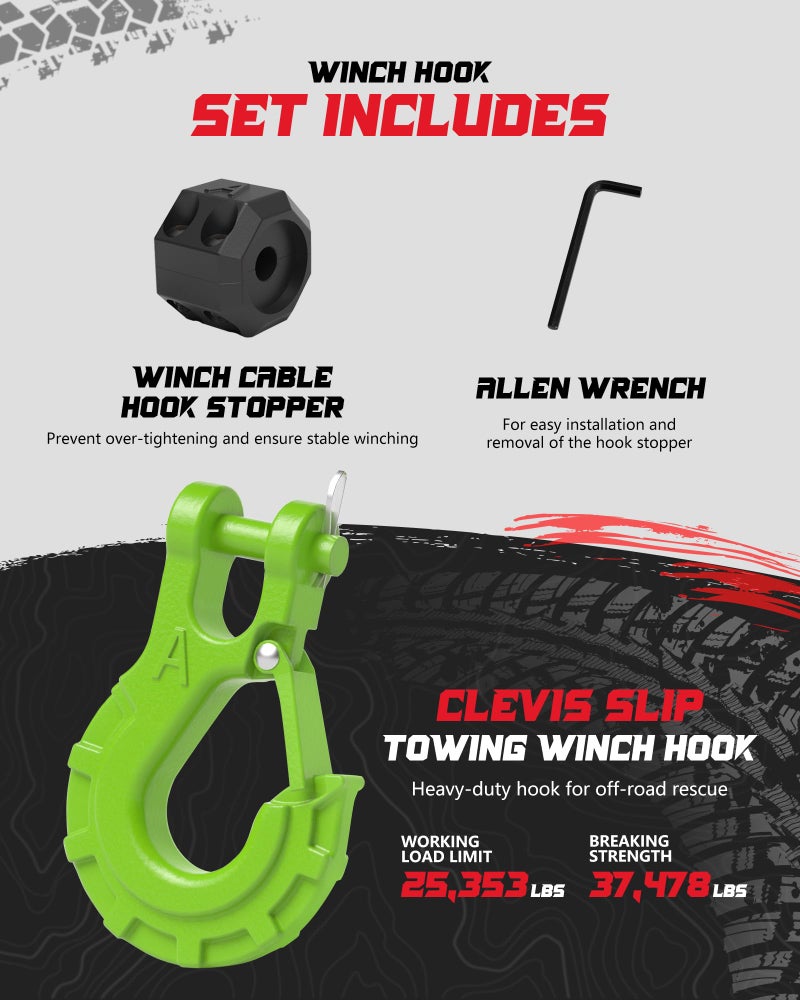 AMBULL 3/8" Winch Hook & Winch Cable Hook Stopper Sets, Heavy Duty Grade 70 Forged Steel Recovery Hook with Safety Latch, Included Allen Wrench,Max 37,478 Lbs, Green - Image 3